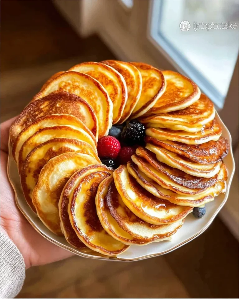 Leckere Mini-Pfannkuchen serviert mit frischem Obst und Ahornsirup.