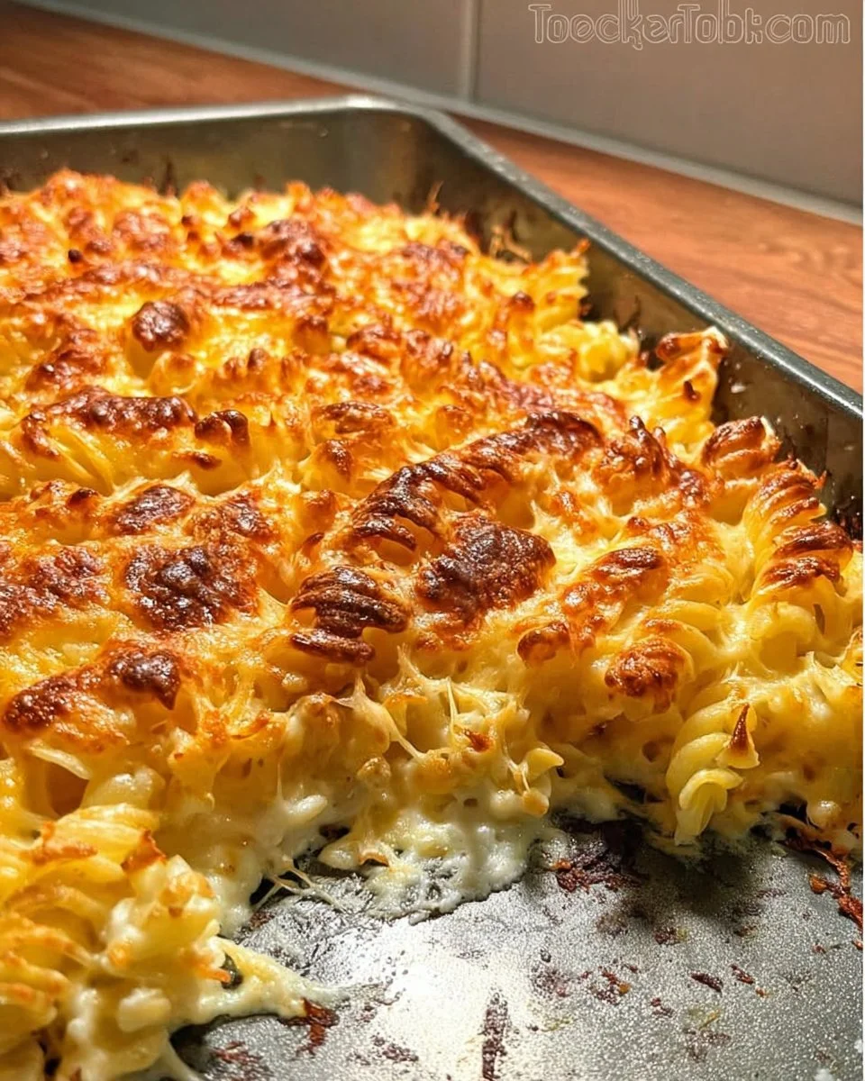 Nudelauflauf mit Käsekruste frisch aus dem Ofen, lecker und sättigend.