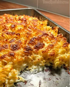 Nudelauflauf mit Käsekruste frisch aus dem Ofen, serviert in einer Porzellanschüssel.