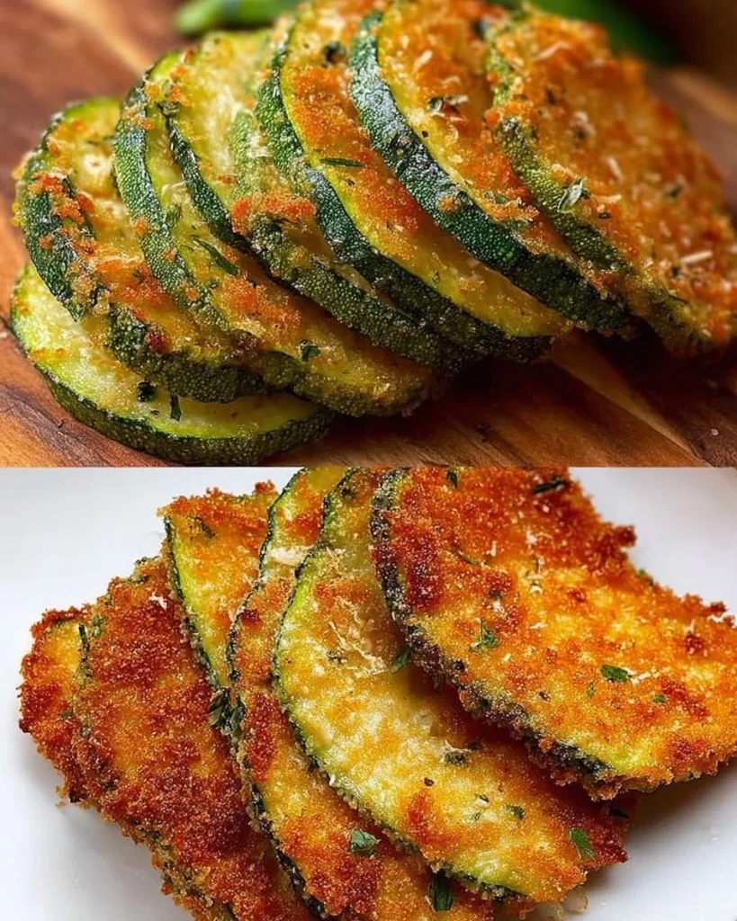 Panierte Zucchini Scheiben mit Parmesan auf einem Teller angerichtet.