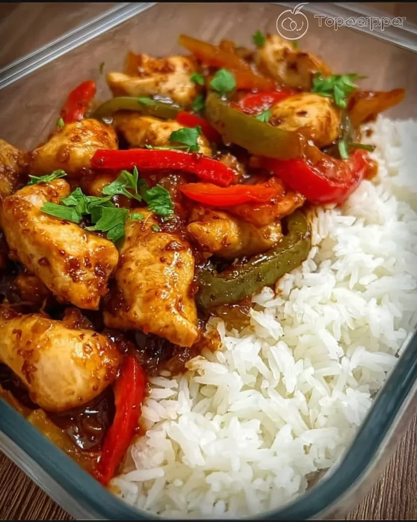 Leckeres Paprika-Hähnchen mit Reis auf einem Teller serviert.