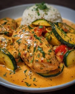 Paprika Zucchini Sahne Hühnchen auf einem Teller serviert