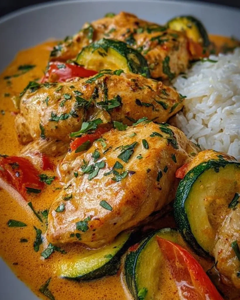 Paprika Zucchini Sahne Hühnchen mit frischem Gemüse und Sahne