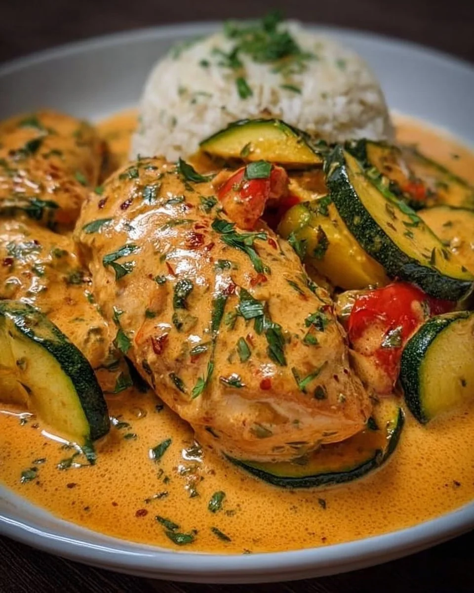 Paprika Zucchini Hühnchen in einer cremigen Sauce serviert.