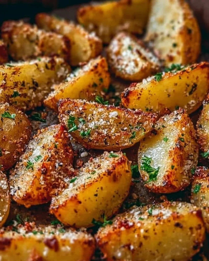 Parmesan Kartoffeln frisch aus dem Ofen, knusprig und lecker serviert.