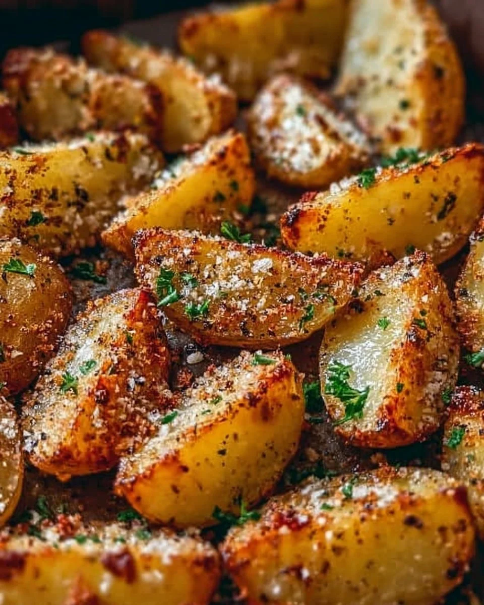 Parmesan Kartoffeln frisch aus dem Ofen, knusprig und lecker serviert.