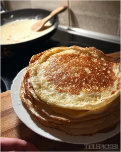 Leckere Pfannkuchen auf einem Teller serviert mit Früchten und Sirup