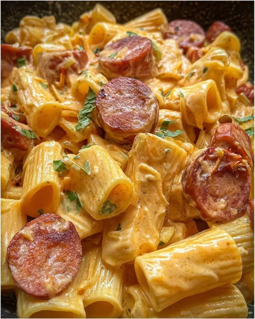 Rigatoni mit Wurst in cremiger Käsesauce auf einem Teller serviert.