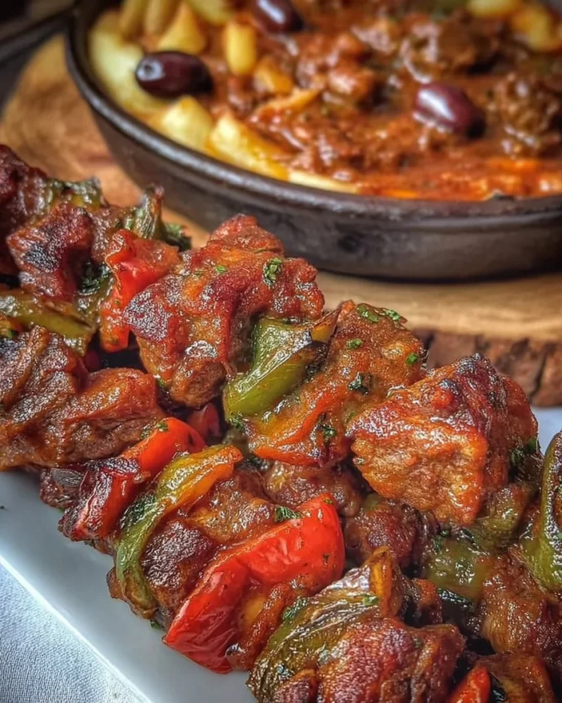 Schaschliktopf aus dem Backofen mit köstlichen Zutaten