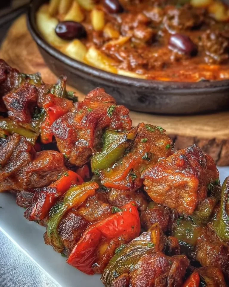 Leckerer Schaschliktopf aus dem Backofen mit Gemüse und Fleisch.