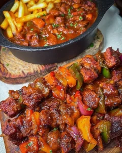 Schaschliktopf aus dem Backofen mit saftigem Fleisch und buntem Gemüse