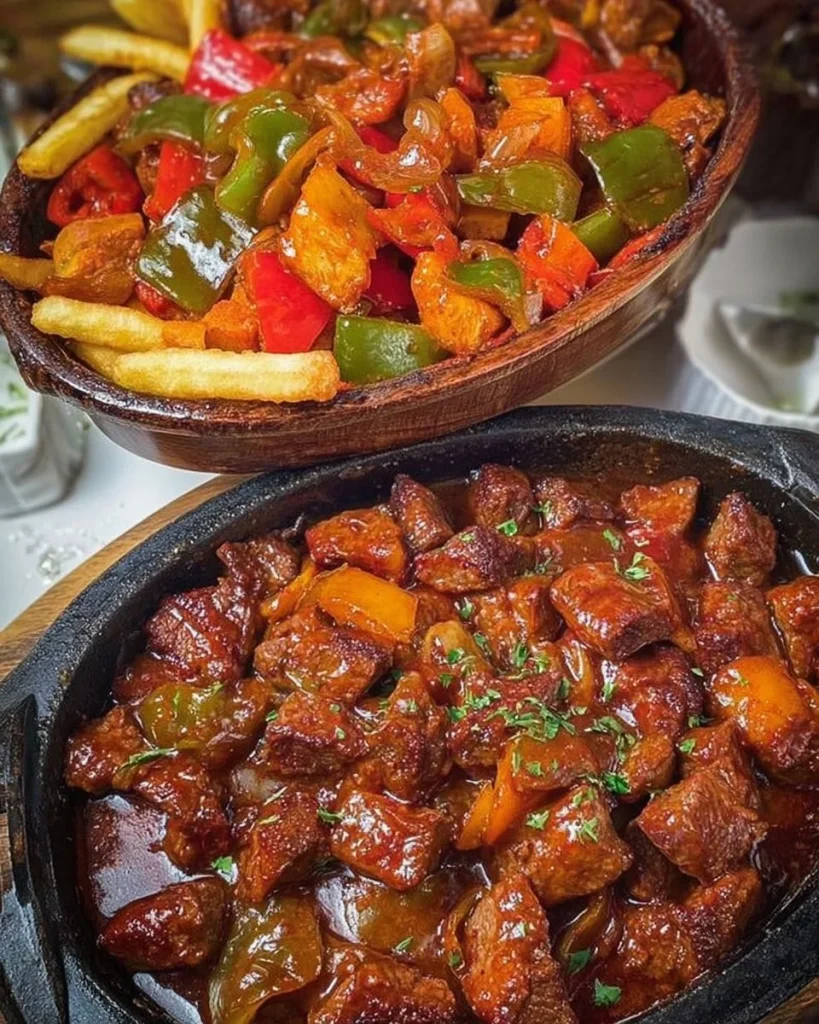 Schaschliktopf aus dem Backofen mit köstlicher Soße auf einem Teller serviert