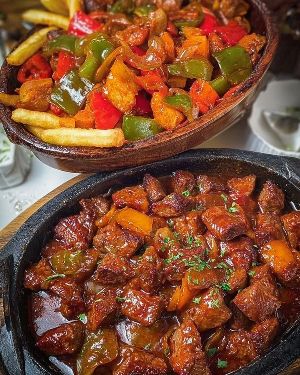 Schaschliktopf aus dem Backofen mit leckerer Soße auf dem Tisch