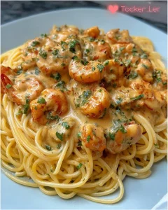 Spaghetti mit Garnelen in einer cremigen Sahnesauce serviert