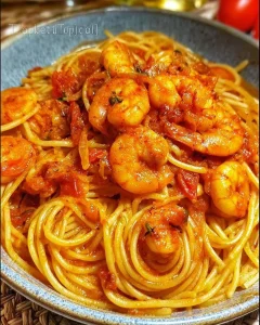 Schüssel mit Spaghetti und Garnelen in einer aromatischen Tomatensauce