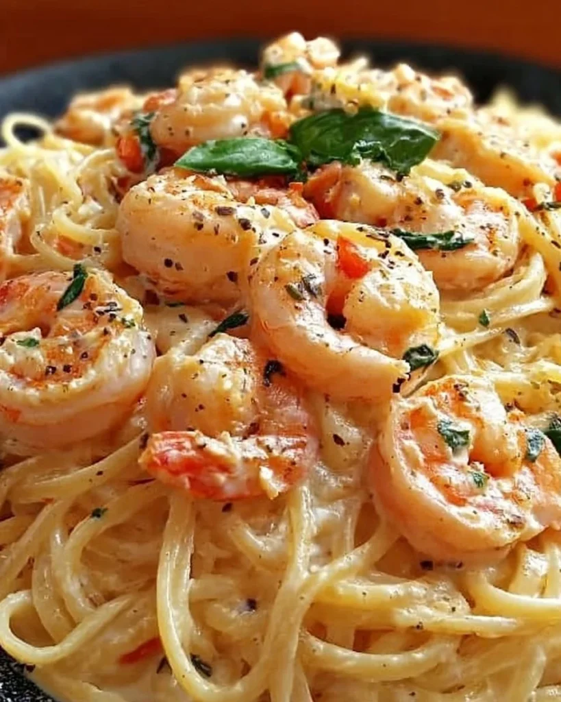 Spaghetti mit Garnelen und cremiger Frischkäsesauce auf einem Teller