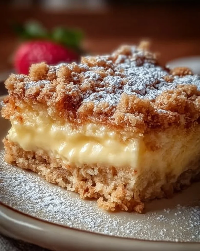 Streuselkuchen mit Vanillepudding auf einem Teller serviert