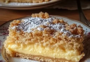 Leckerer Streuselkuchen mit Vanillepudding auf einem hellen Teller