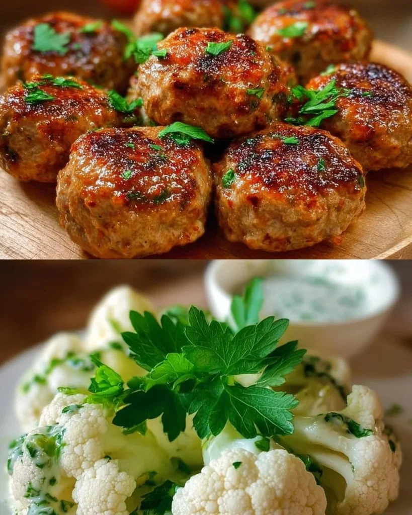 Superschnelle Frikadellen mit Blumenkohl auf einem Teller angerichtet.