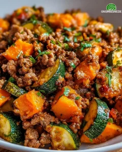 Süßkartoffel-Zucchini-Pfanne mit Hackfleisch serviert in einer bunten Schüssel