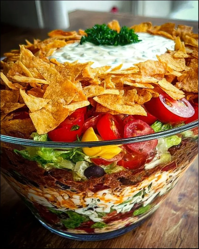 Bunter Taco-Schichtsalat mit frischem Gemüse und würzigen Zutaten