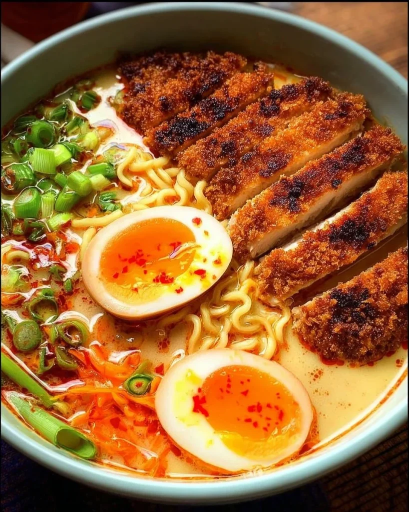 Tonkotsu-Ramen mit gegrilltem Chicken Katsu in einer hochwertigen Bowl