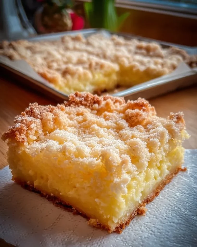Leckerer Vanillepudding Streuselkuchen vom Blech mit knusprigen Streuseln