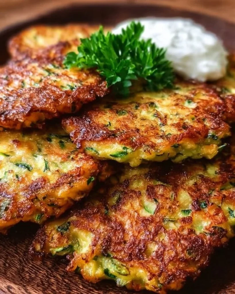 Zucchini-Puffer mit Haferflocken auf einem Teller serviert