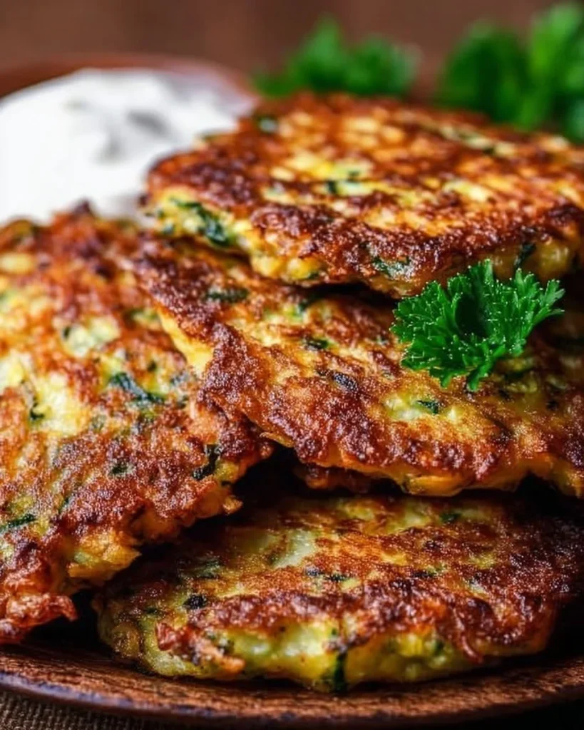 Zucchini-Puffer mit Haferflocken auf einem weißen Teller