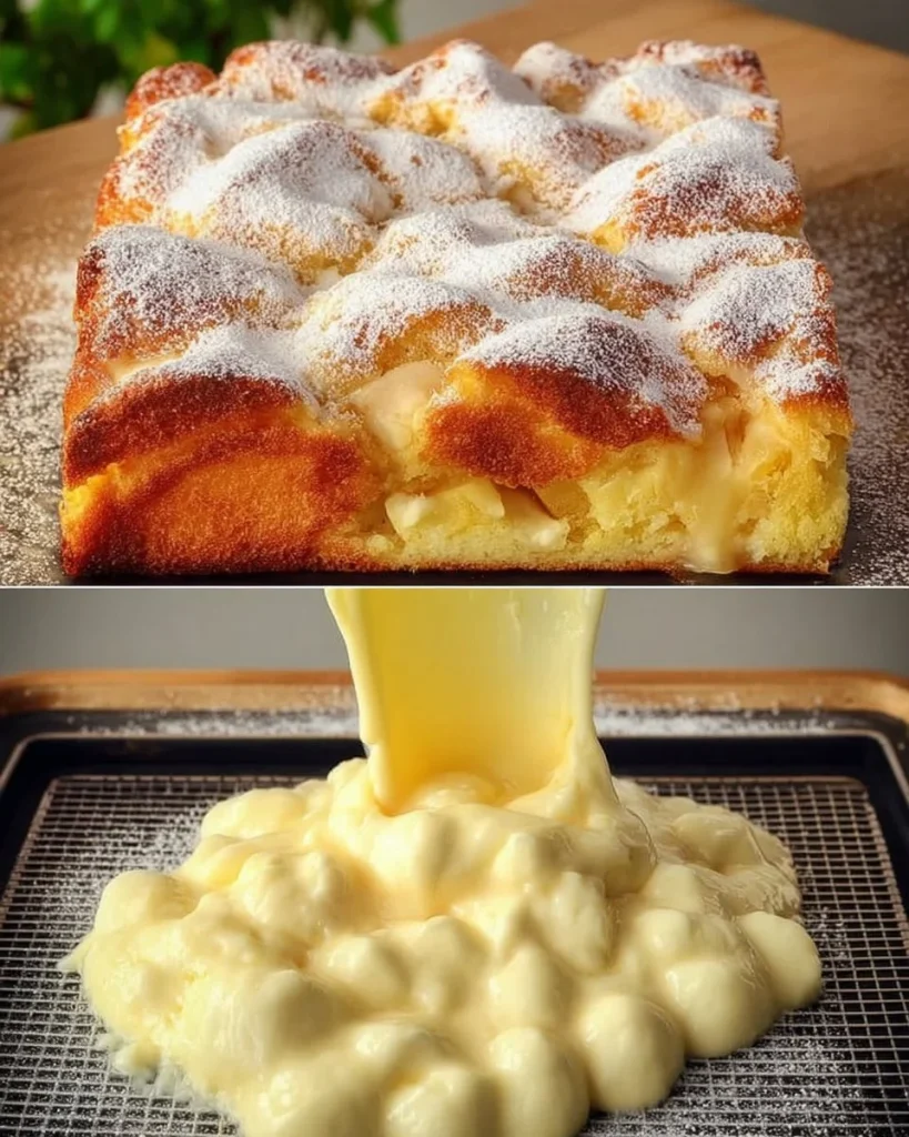 Apfelkuchen mit Vanillepudding auf einem Teller serviert