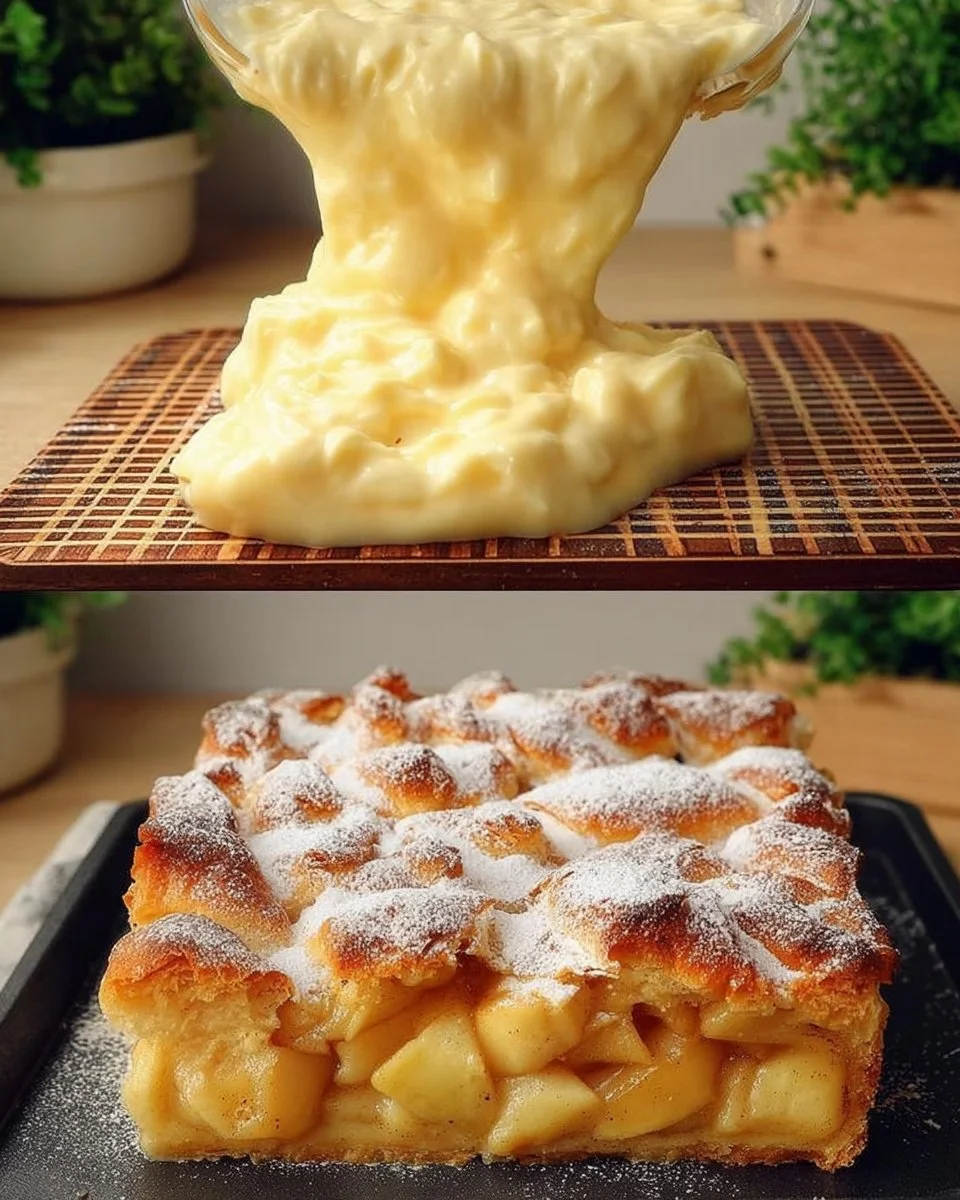 Ein saftiger Apfelkuchen mit cremigem Vanillepudding auf einem weißen Teller.