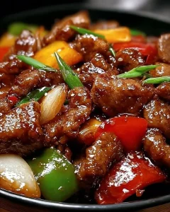 Aromatisches chinesisches Rindfleisch mit Zwiebeln und Paprika auf einem Teller.