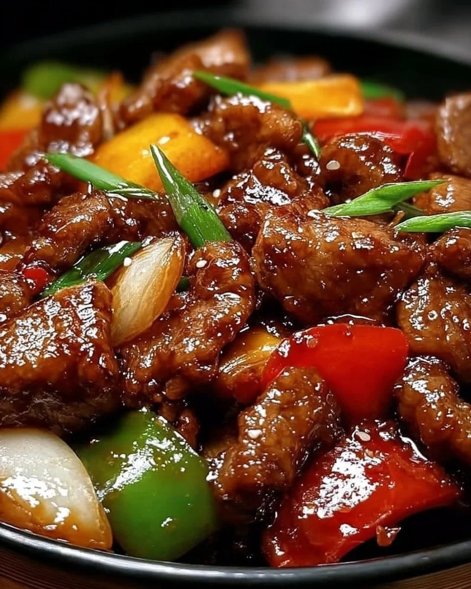 Aromatisches chinesisches Rindfleisch mit Zwiebeln und Paprika auf einem Teller.