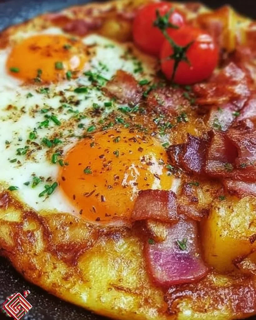 Köstliches Bauernfrühstück aus der Pfanne mit Eiern, Kartoffeln und Gemüse