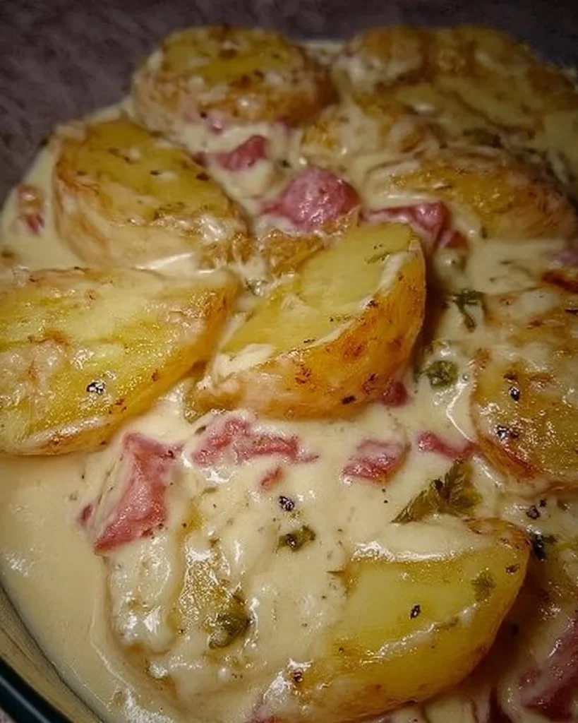 Bechamel-Sauce über Kartoffeln in einem weißen Auflaufform