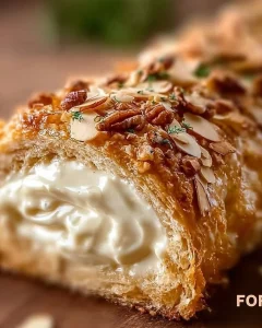 Bienenstich-Biskuitrolle mit Sahne und Mandeln auf einem Teller