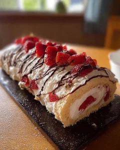 Biskuitrolle mit frischer Erdbeerfüllung auf einem Teller