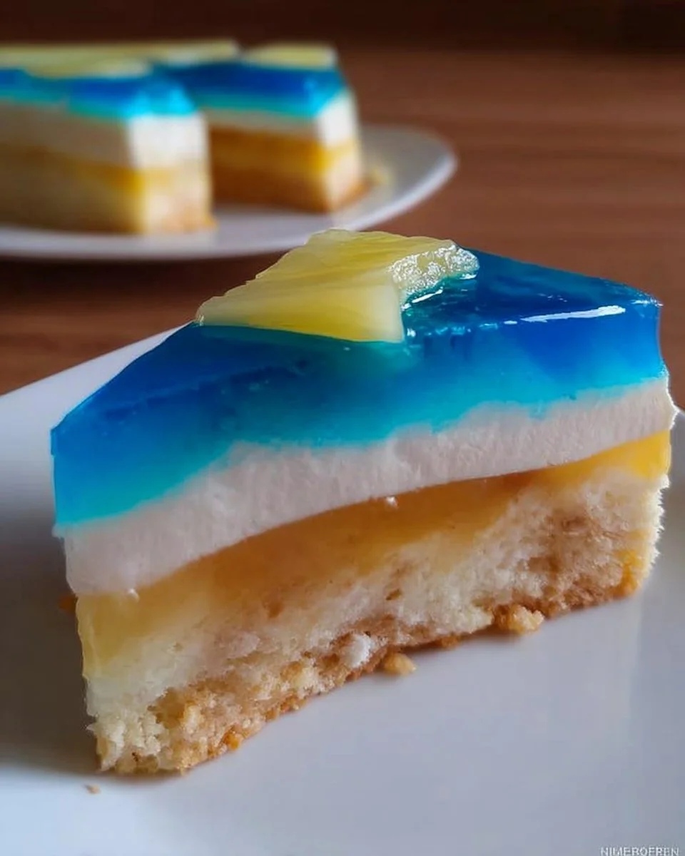 Blaue Hawaii-Torte mit tropischen Früchten und bunter Dekoration
