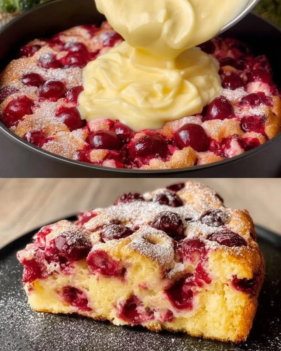 Blitz Kirschkuchen mit Pudding auf einem Teller, frisch gebacken