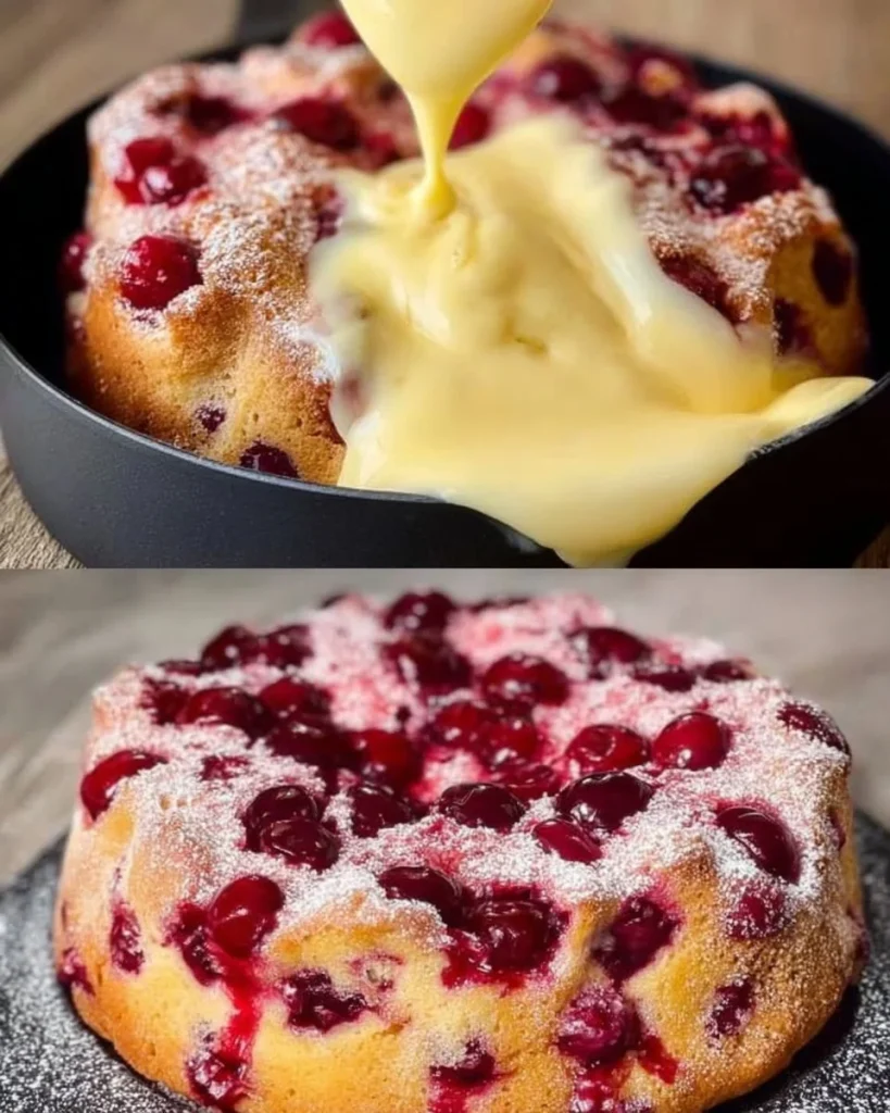 Blitz Kirschkuchen mit Pudding auf einem Teller serviert