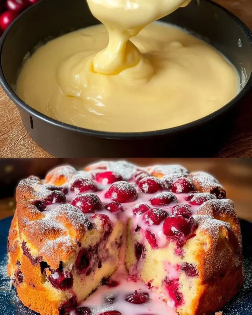 Blitz Kirschkuchen mit Vanillepudding auf einem Teller serviert