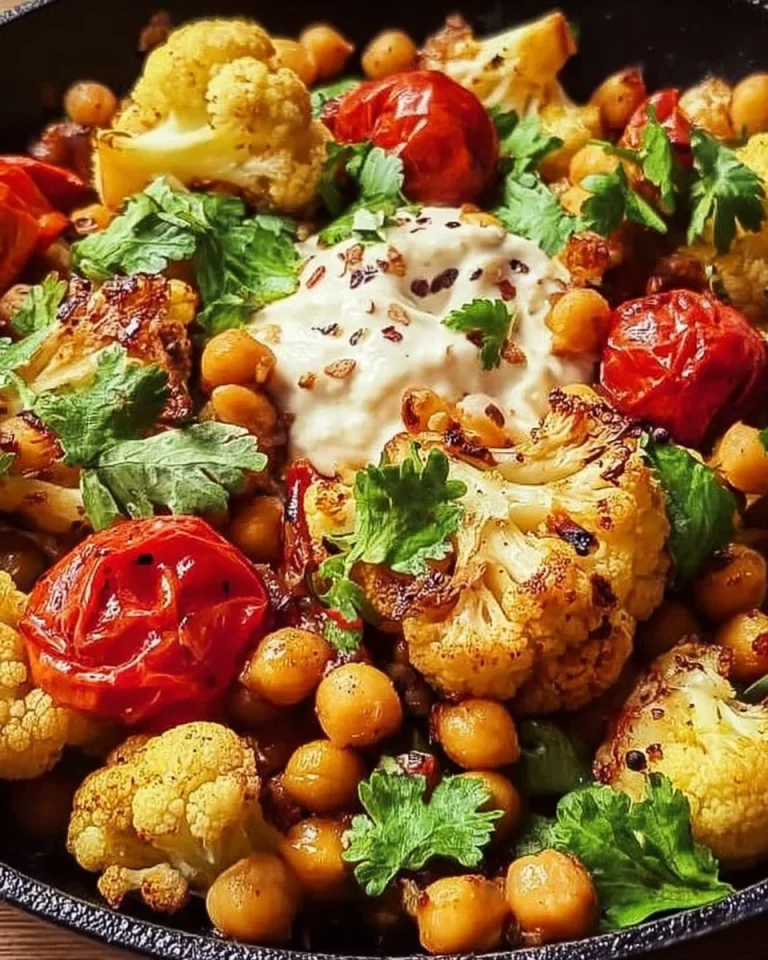 Blumenkohl-Kichererbsen-Pfanne mit Dip auf einem Teller serviert