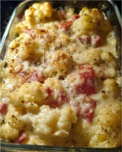 Leckeren Blumenkohl-Schinken-Auflauf frisch aus dem Ofen serviert