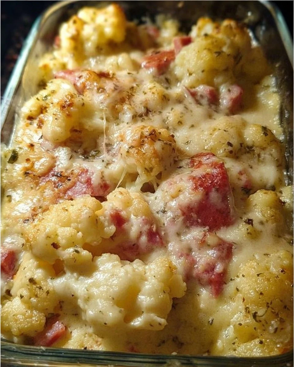 Leckeren Blumenkohl-Schinken-Auflauf frisch aus dem Ofen serviert