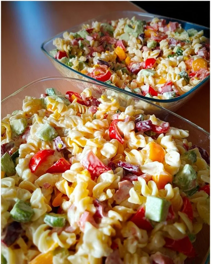 Bunter Nudelsalat mit frischem Gemüse und einer leckeren Soße