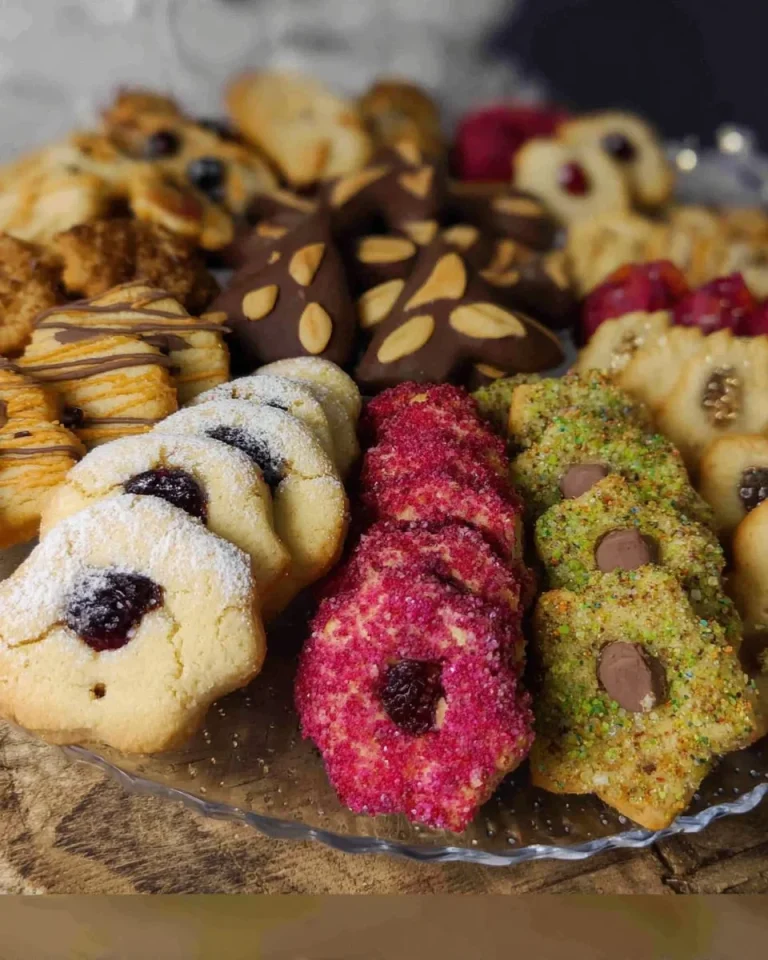 Bunter Plätzchenteller mit verschiedenen festlichen Keksen und Leckereien