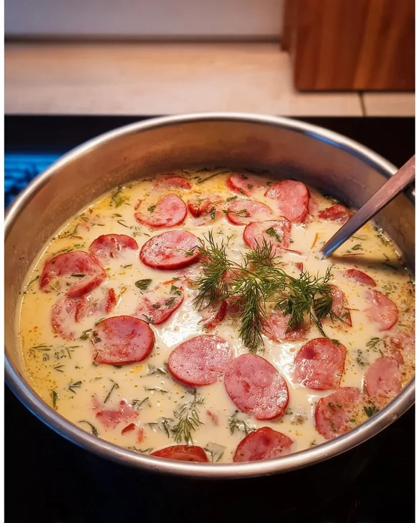 Cabanossi-Käse-Suppe in einer Schüssel, garniert mit frischen Kräutern.