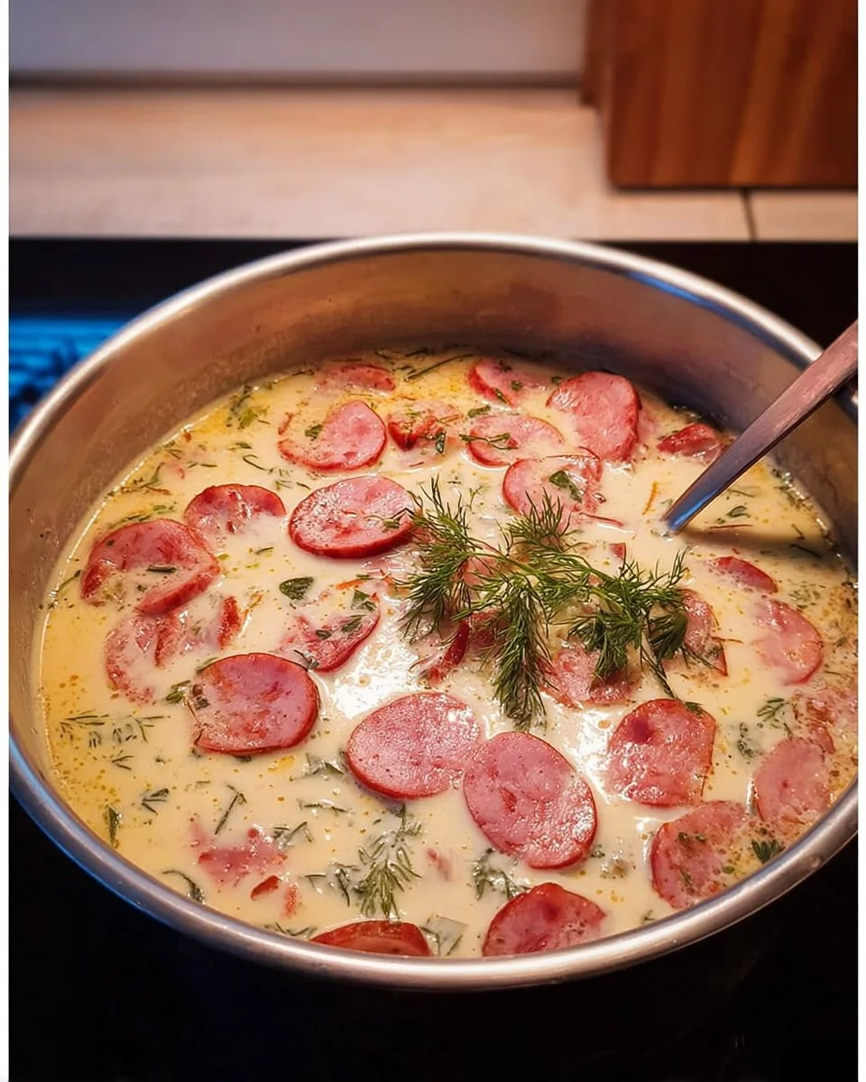 Cabanossi-Käse-Suppe in einer Schüssel, garniert mit frischen Kräutern.