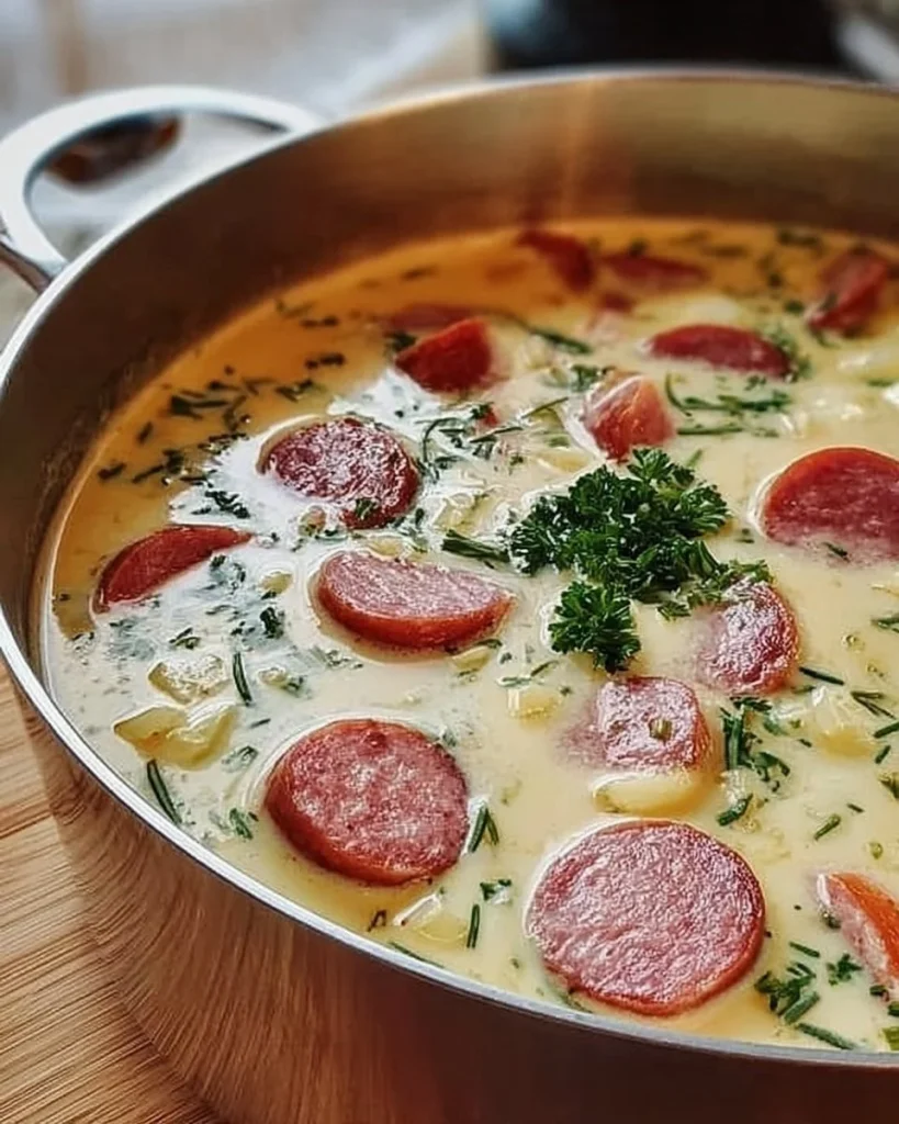 Cabanossi-Käse-Suppe in einer dekorativen Schüssel serviert