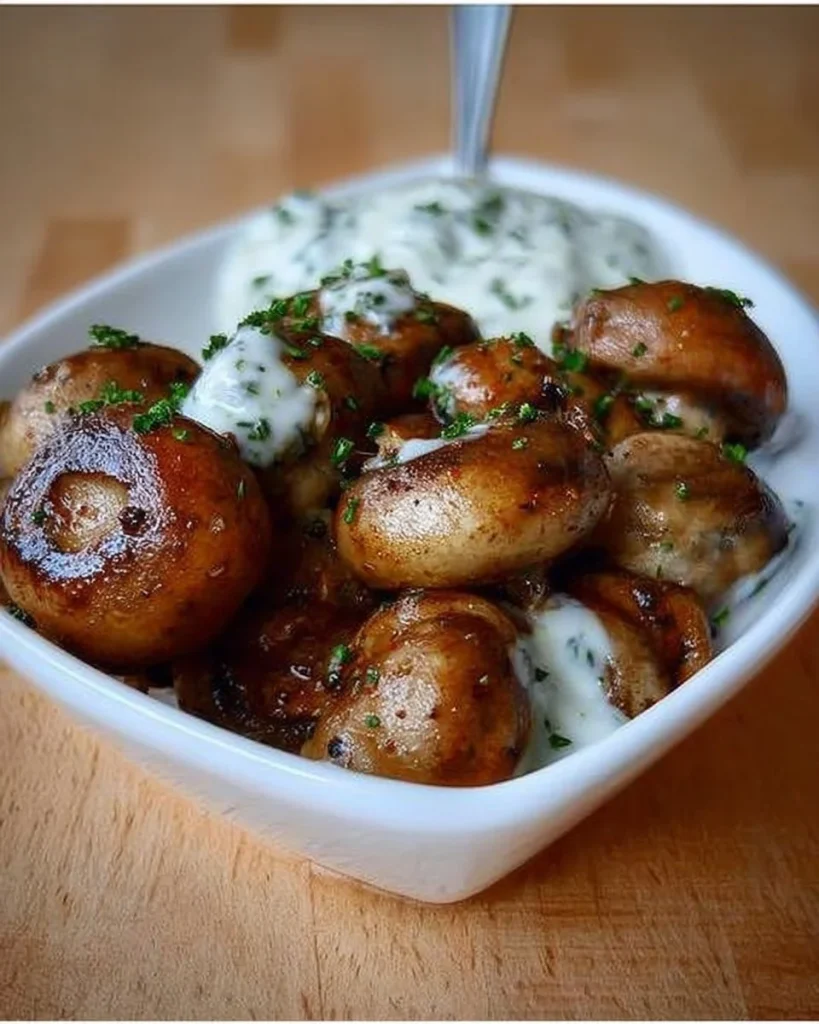 Leckere Champignons mit Knoblauchsoße, traditionell wie vom Jahrmarkt zubereitet.